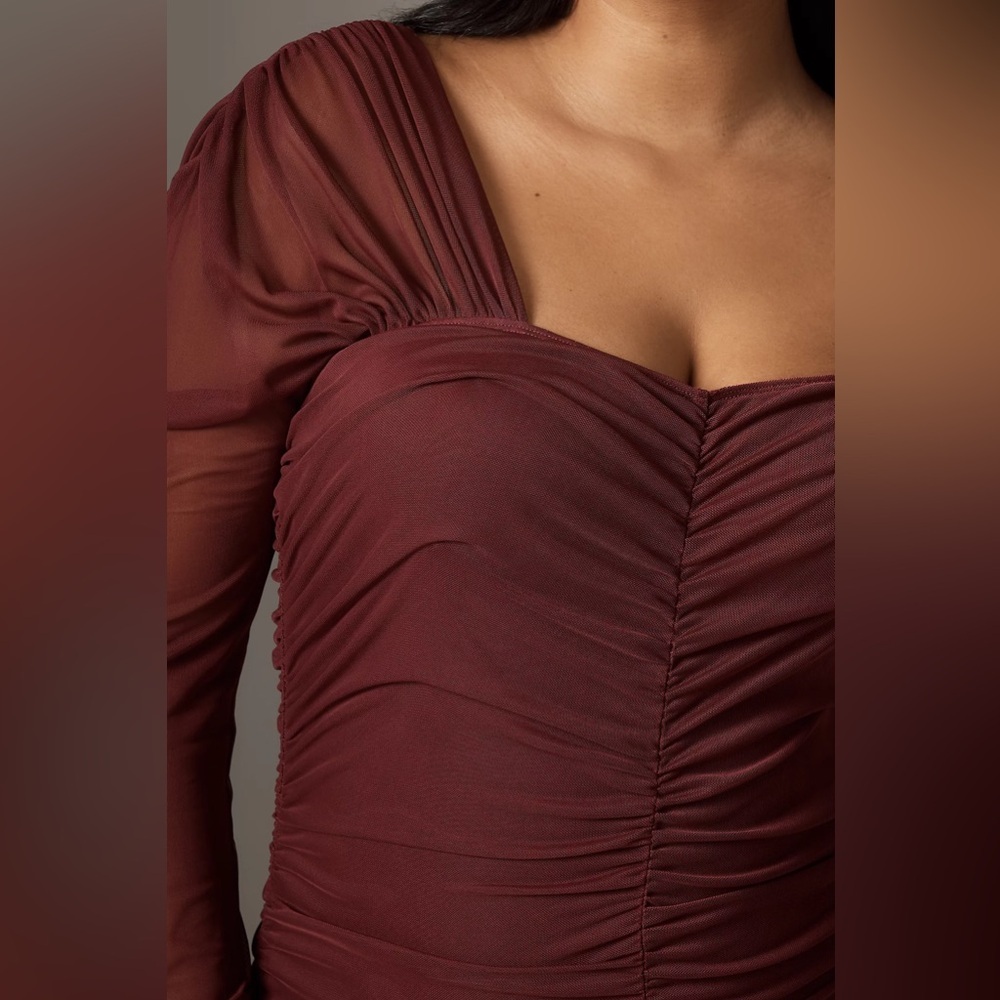 By Anthropologie Long-Sleeve Ruched Slim Midi Dress Pre Owned Burgundy Plum M - Picture 6 of 7
